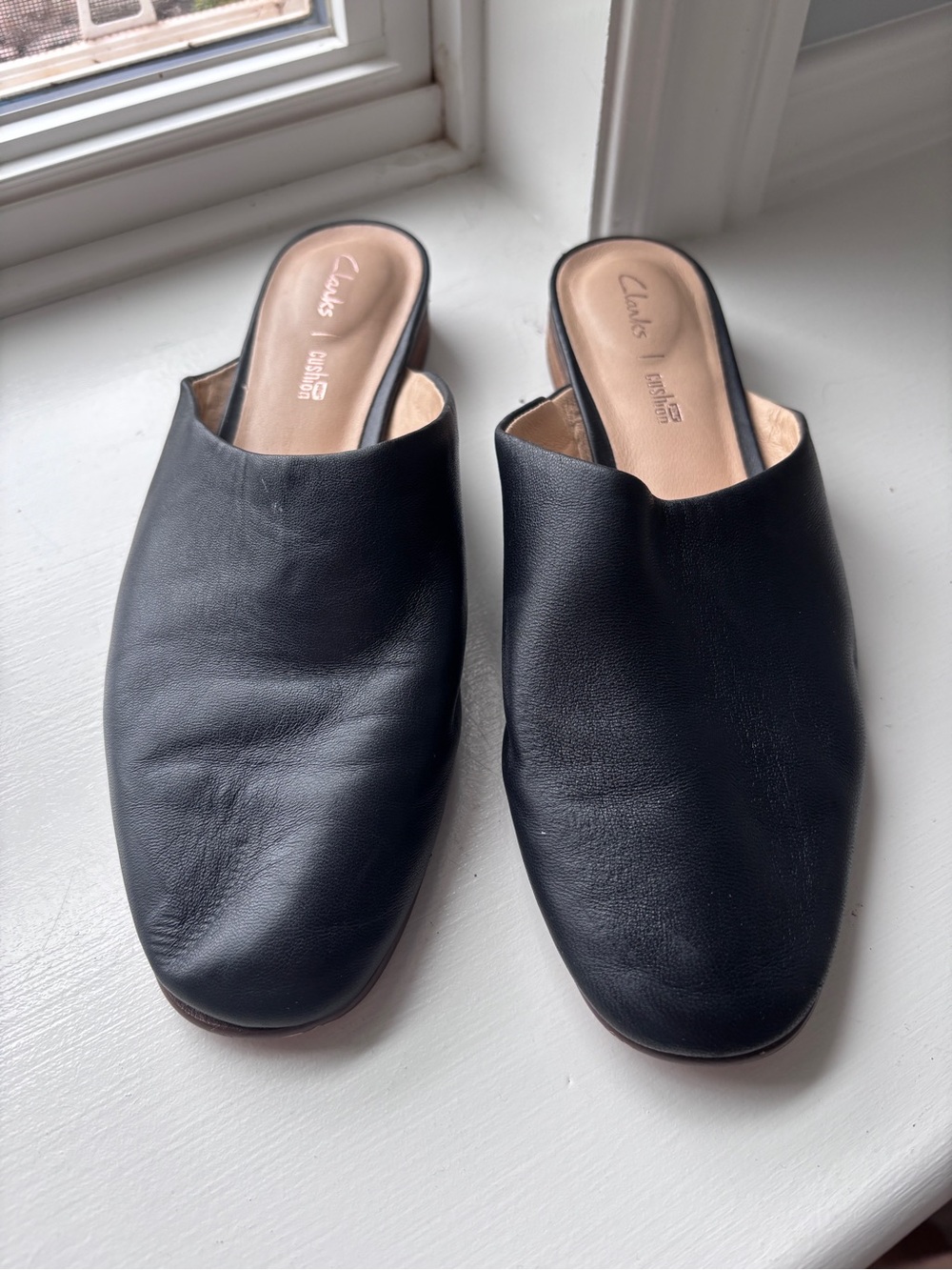 Clarks Black Leather Slip-On Mules